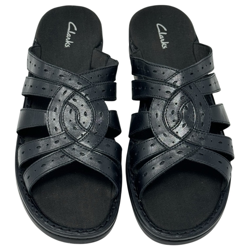 Clarks Women Slide On Eyelet Sandals Chunk Heel 37350 Sz 11M Black